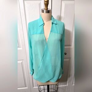 Teal/Aqua Semi-Sheer Draped Shirt, Long Sleeves Size Medium, Excellent Condition